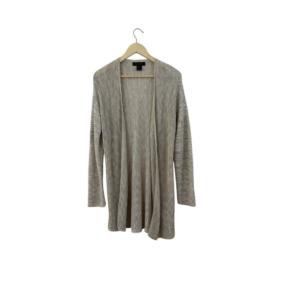 Tahari Large Duster Sweater Cardigan Brown Linen Cotton Blend Open Front Womens